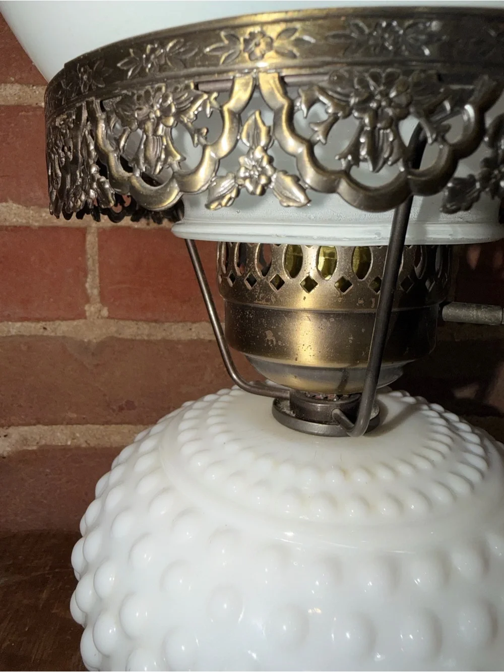 White Hobnail Milk Glass Table Lamp with Brass Accents